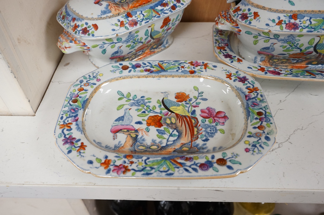 A pair of Spode pheasant design stone china sauce tureens covers and stands, c.1825, 19cm wide